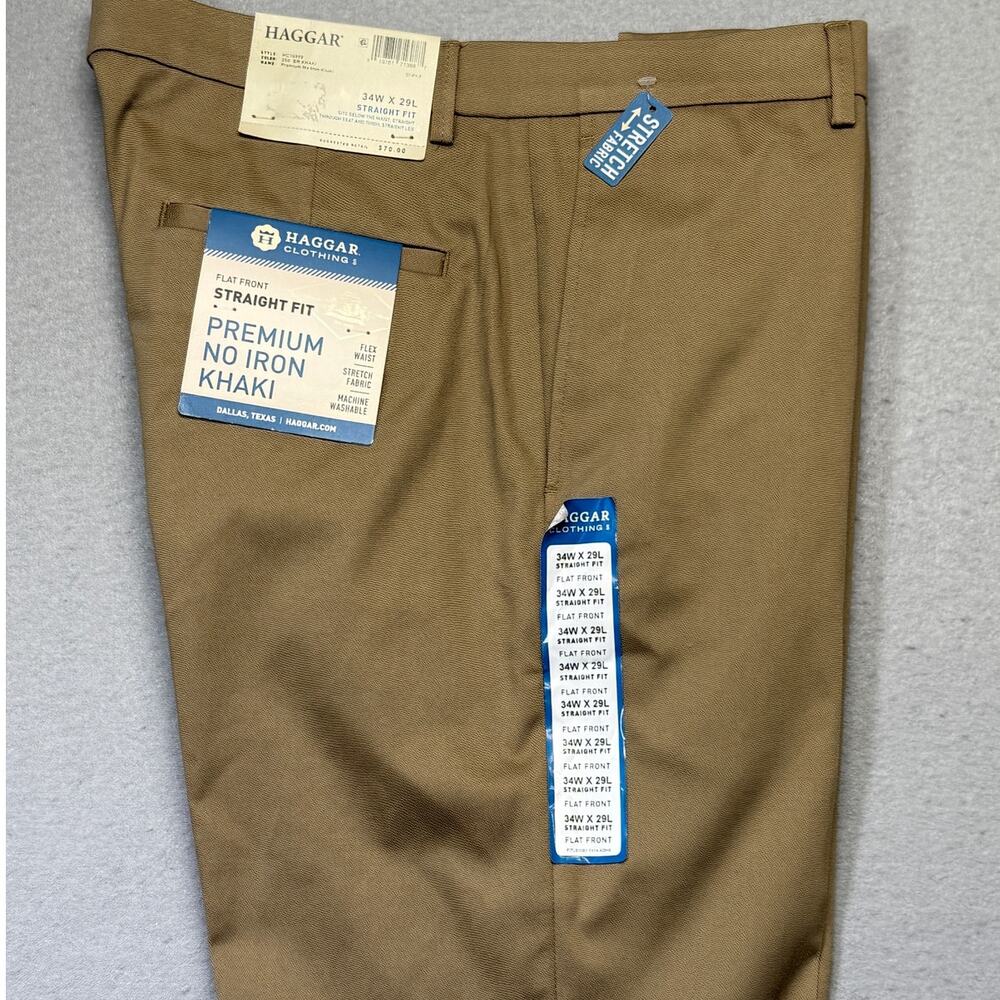 Haggar Men’s No Iron Straight-Fit Flat-Front Pants British Khaki 34x29 $70